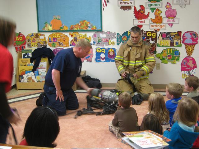 Past Chief Chris Obenchain and Firefighter Bill Hirthler doing Fire Prevention for the Bethany Christian School.